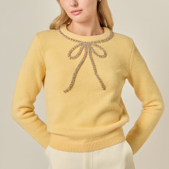 English Factory Yellow Sweater with Rhinestone Bow Embellishment